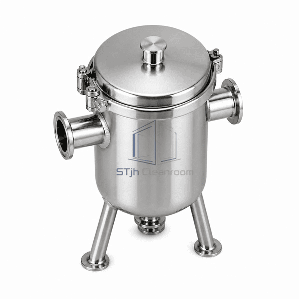 Steam separator elevated view showing the complete horizontal steam path, top vent and vertical condensate outlet