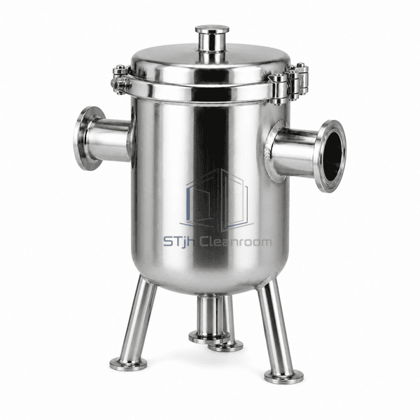 Steam separator right-side view highlighting the bottom drain nozzle and three stainless support legs
