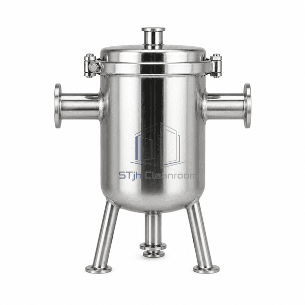 Steam separator front view showing the full upright body, opposing sanitary steam ports and removable top cover