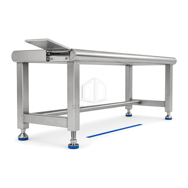 Step-over bench connection showing folded seat weld capped frame and adjustable bullet foot