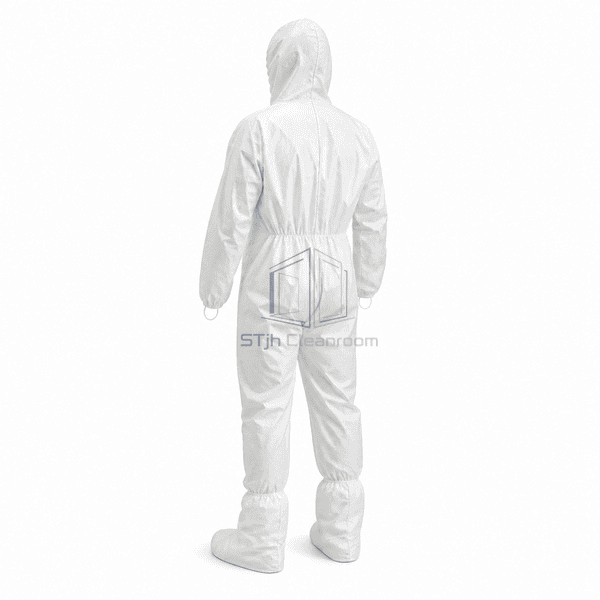 Sterile cleanroom garment rear view showing hood and seam layout