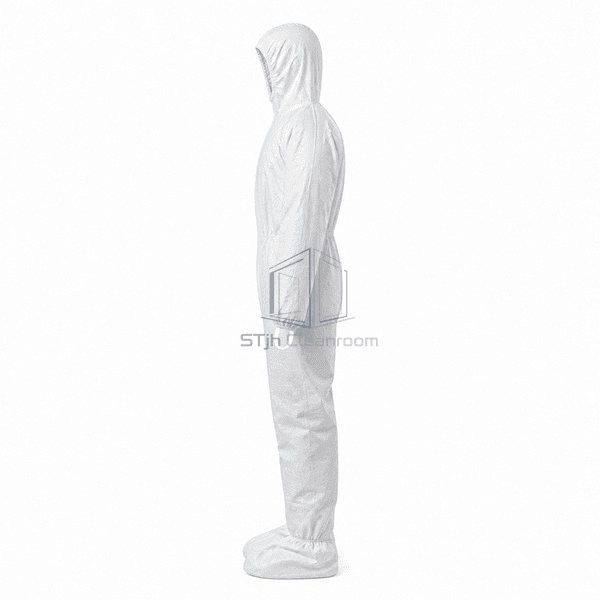 Sterile cleanroom garment side view with integrated hood and boots