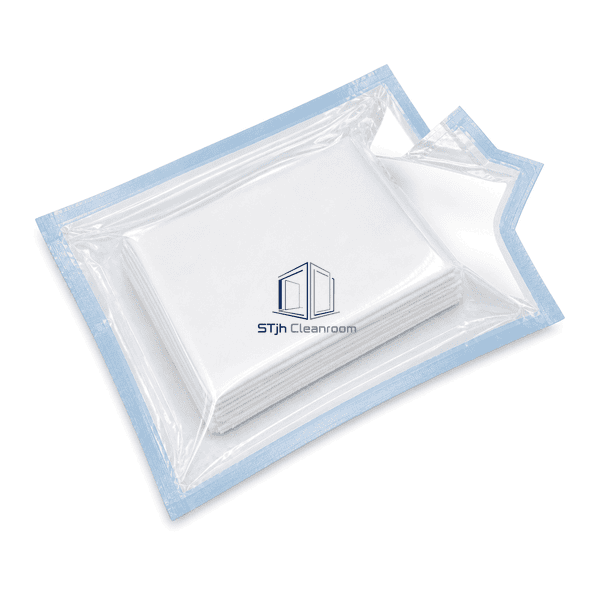 Partially opened sterile wipe pouch showing the transparent film peeled from the pale-blue chevron seal