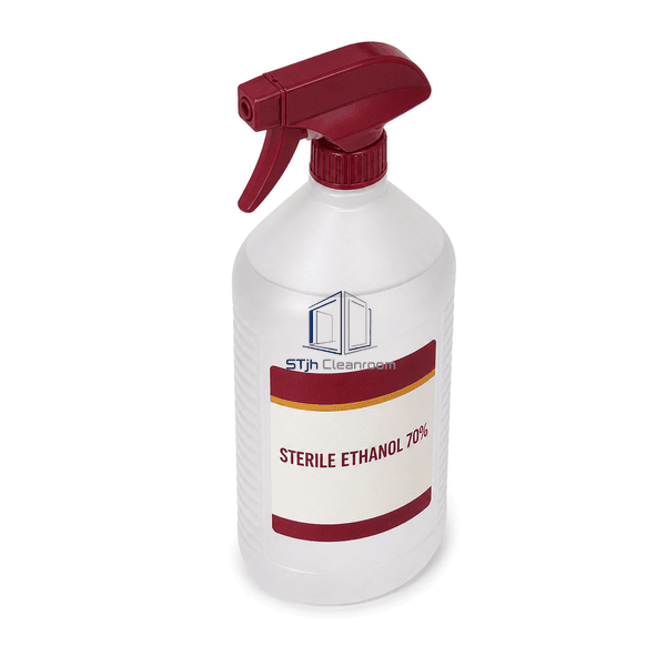 Complete sterile ethanol bottle elevated view of trigger, collar, and neck interface