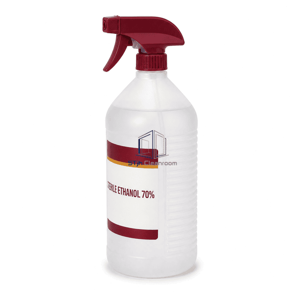 Sterile ethanol bottle side view showing grip ribs, fill line, and dip tube