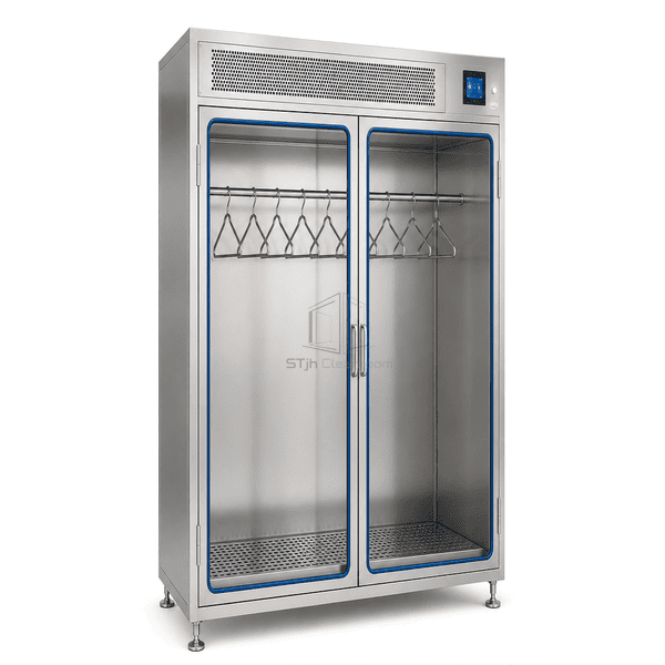 Complete sterile garment cabinet in wide horizontal three-quarter view