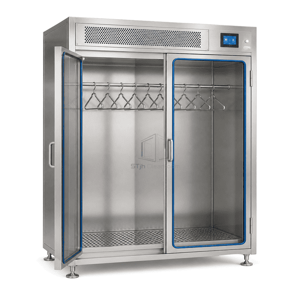 Sterile garment cabinet with left glass door opened to show gasket and storage interior