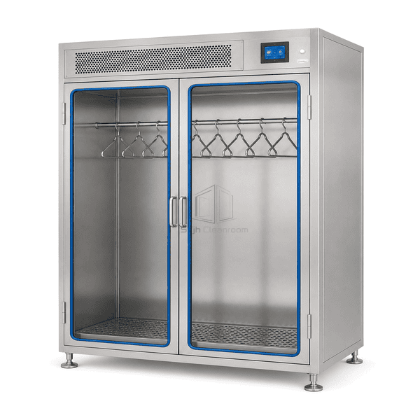Sterile garment cabinet side view showing enclosure depth and top HEPA plenum