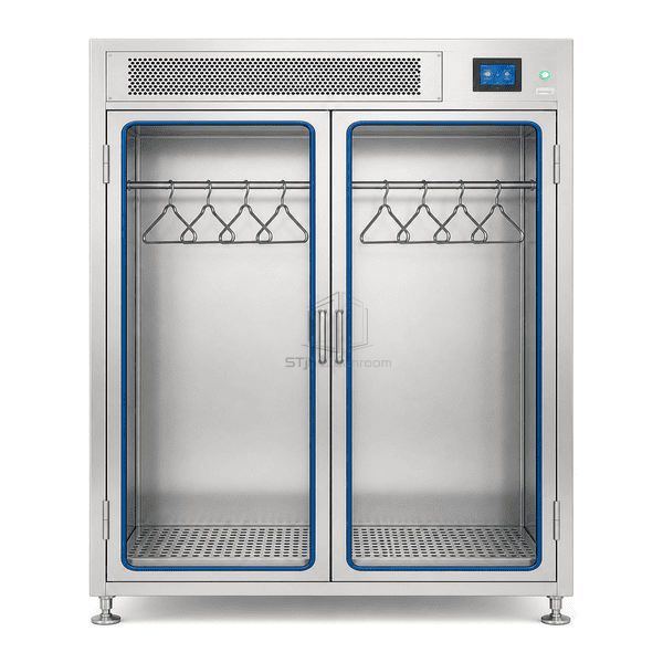 Sterile garment cabinet upright front view showing eight hangers and blue door gaskets