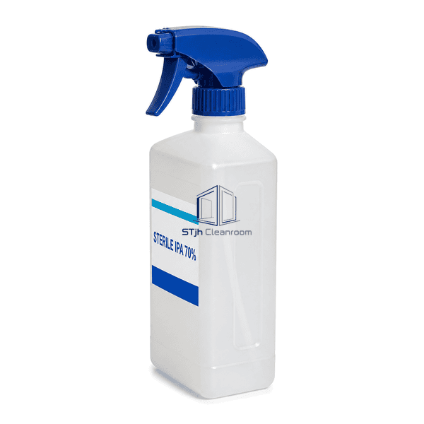 Rectangular sterile IPA bottle side profile with dip tube and trigger