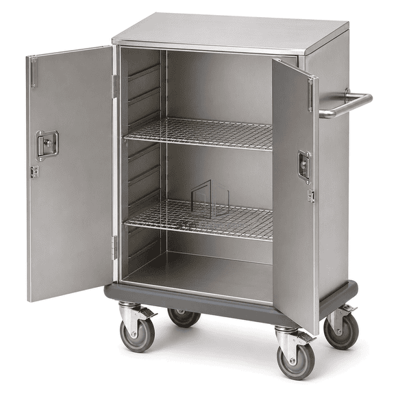 Open sterile transport cart showing removable runners and shelves