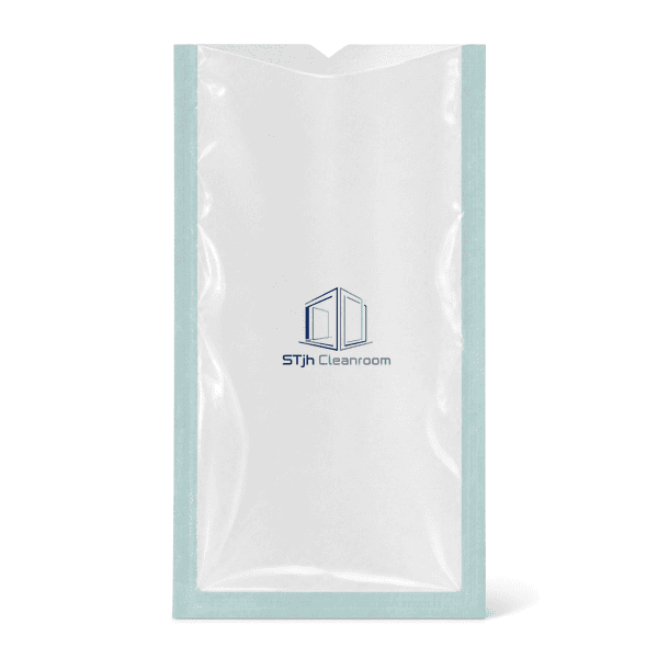 Sterile barrier pouch standing upright with clear film face visible