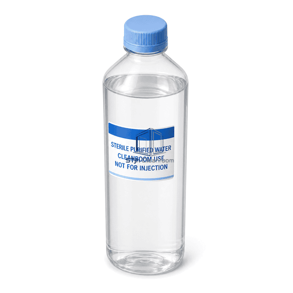 Complete sterile purified water bottle elevated view of sealed blue cap and tamper ring