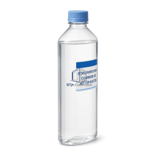 Clear cleanroom water bottle side view showing liquid level and oval depth