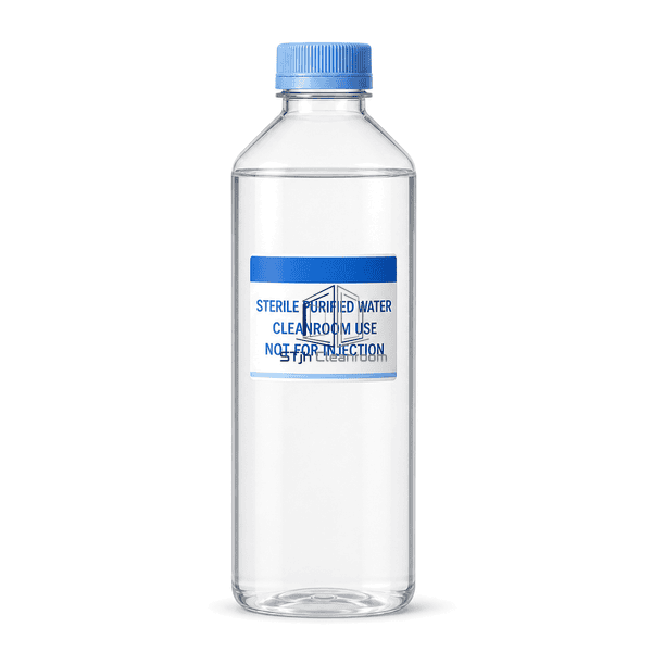 Sterile purified water bottle straight front label and fill-level view