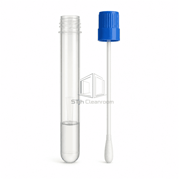Opened sampling swab showing complete cap mounted shaft beside transport tube