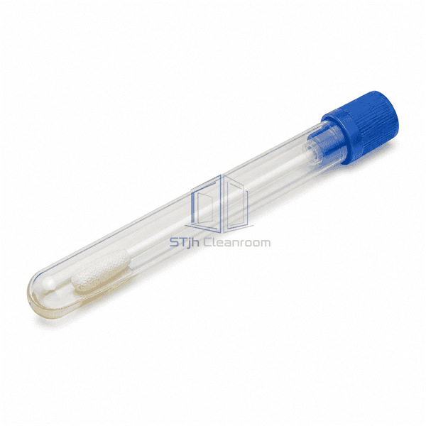 Angled side view showing knitted polyester swab tip inside clear transport tube