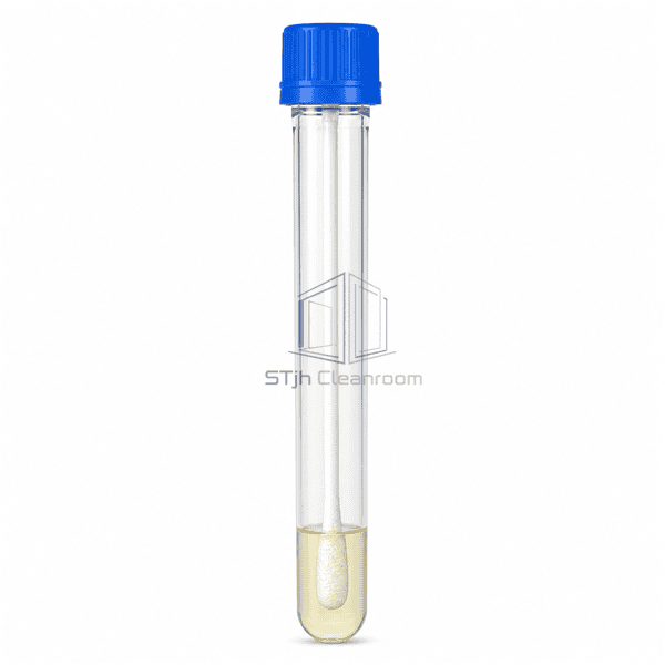 Upright front view of sterile sampling swab tube and pale straw wetting solution