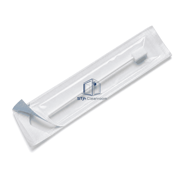 Opened sterile swab pouch showing separated blue chevron peel-seam layers