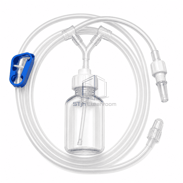 Sterile sampling tubing connector detail with full coil bottle clamp and luer interface