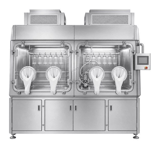 Front view of the sterility test chamber and paired glove ports