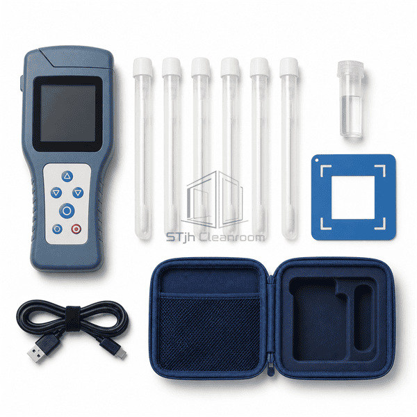 Flat lay of ATP meter swabs template cable control vial and open pouch