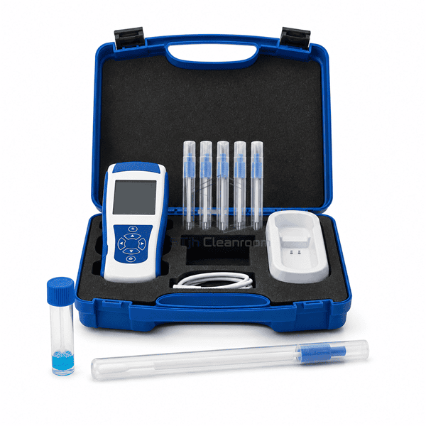 Open fitted hygiene kit emphasizing control vial and complete sampling swab