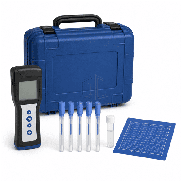 Hygiene monitoring kit components arranged before closed protective case