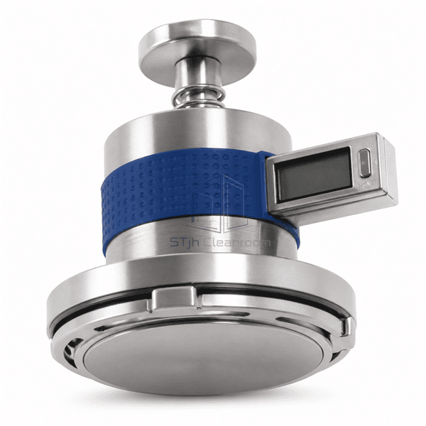 Underside view of surface microbial sampler showing stainless plate collar and contact face
