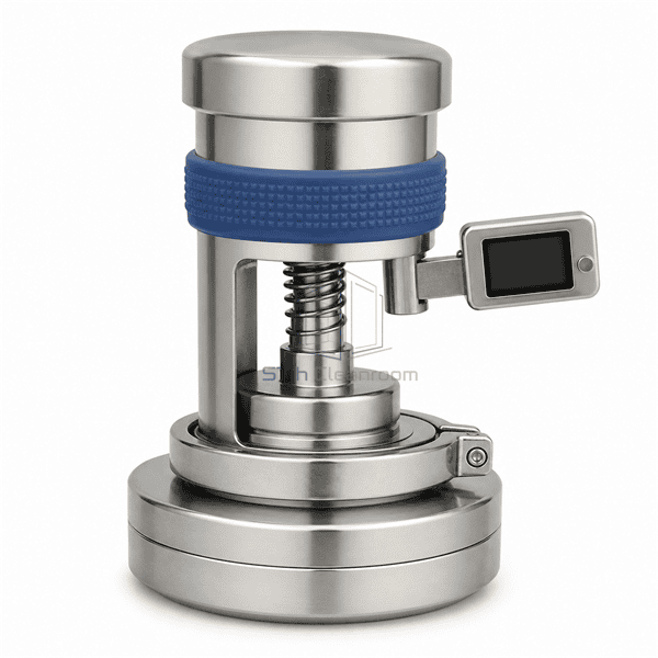Side view showing plate-retaining collar, weighted body and pull-out timer