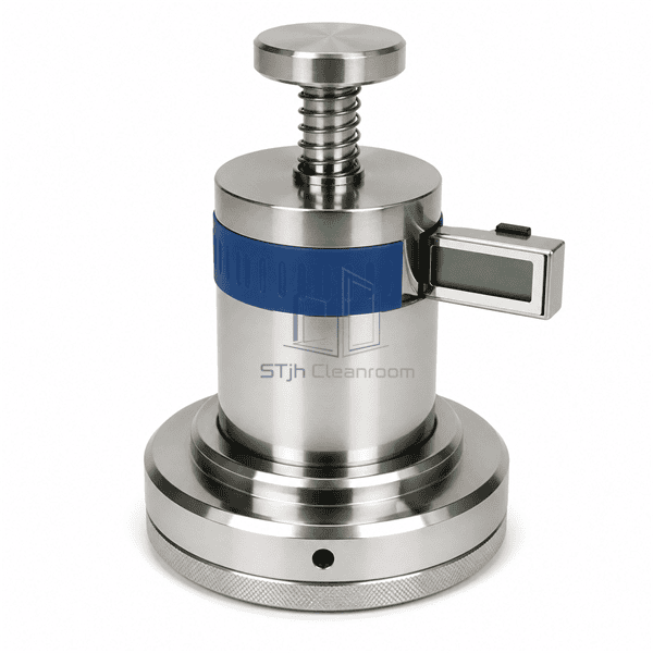 Front view of contact plate surface sampler showing spring plunger and timed applicator body