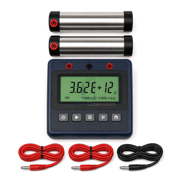 Overhead view of resistance meter two cylindrical electrodes and color-coded leads