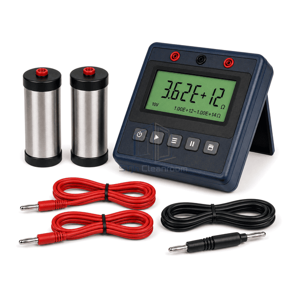 Side view of ESD surface resistance meter kickstand weighted probes and test cables