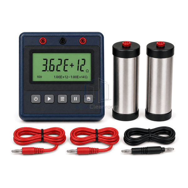 Front view of surface resistance meter display five-button keypad electrodes and leads