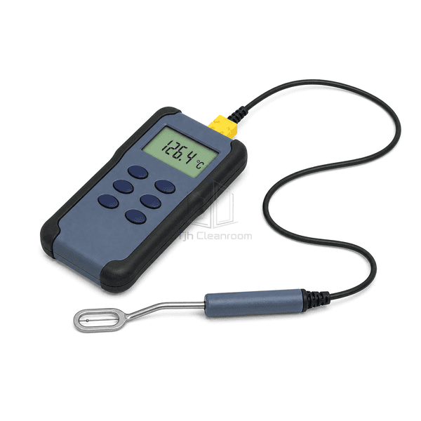 Surface temperature meter horizontal full-kit view with the complete coiled cable and angled stainless surface-contact probe