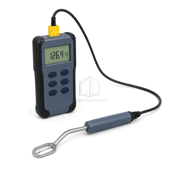 Surface temperature meter probe-interface view showing the keyed Type K plug and resilient spring-band contact tip