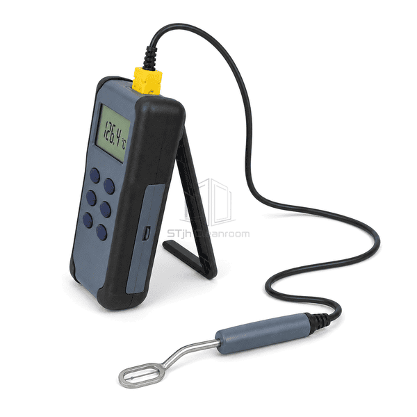 Surface temperature meter side view showing enclosure depth, rear kickstand, battery cover and strain-relieved thermocouple cable