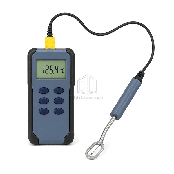 Surface temperature meter front view showing the backlit display, six-button layout, yellow Type K connector and complete surface probe