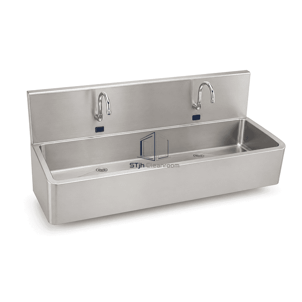 Elevated view of two-station surgical sink bowl and rear waste