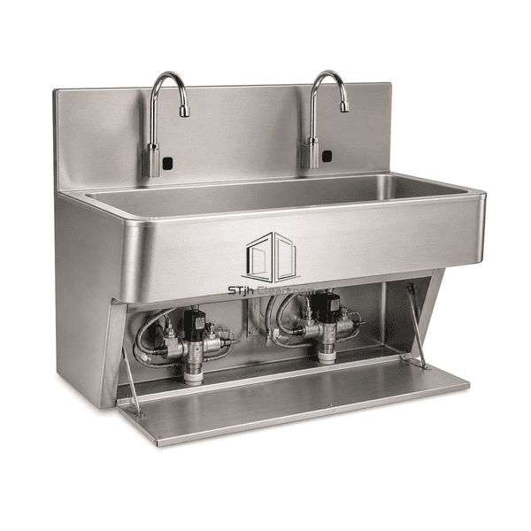 Surgical scrub sink service connection showing knee linkages thermostatic mixer and branch valves