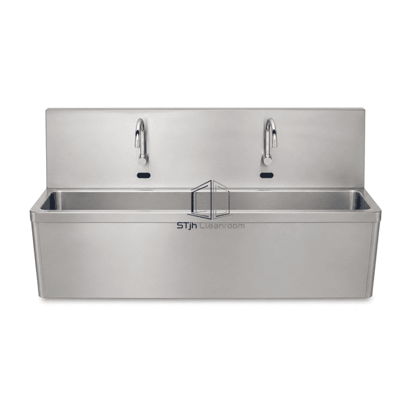 Front view of surgical scrub sink dual spouts trough and knee controls