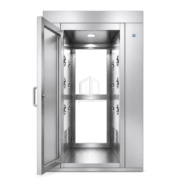 Front elevation of the stainless steel air shower with its glazed interlocked door