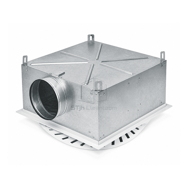 Complete swirl diffuser with round top duct connection at opposite angle