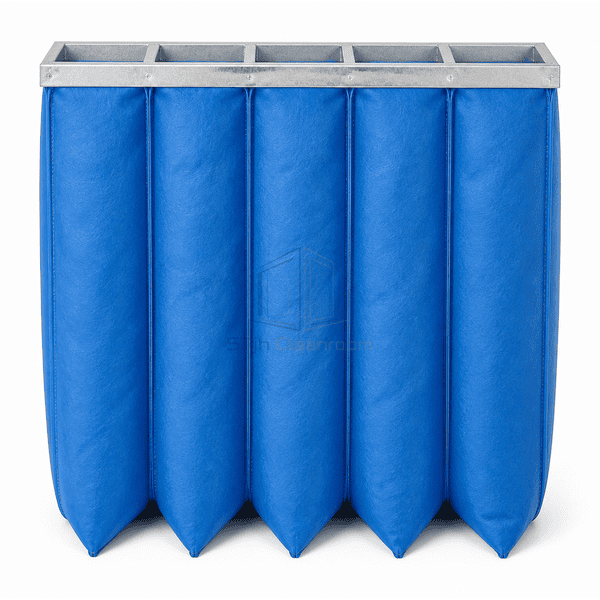 Straight downstream view of five closed blue synthetic pockets with welded seams spacer impressions and galvanized header