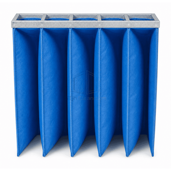 Front view of color-coded synthetic filter pockets in a rigid header