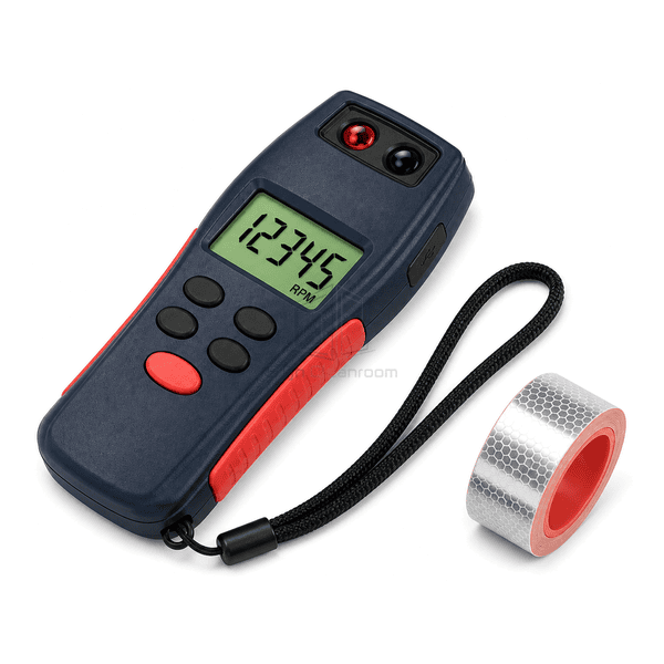 Tachometer horizontal full-kit view with complete wrist lanyard and silver reflective marker roll