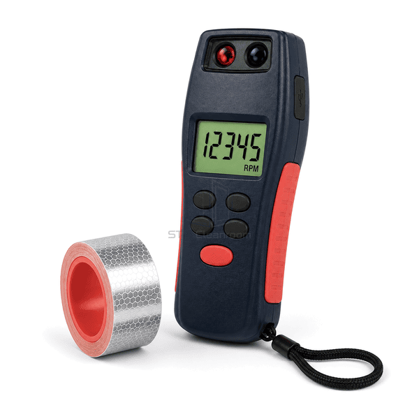 Tachometer optical-interface view showing red emitter, photodiode receiver, recessed sensor window and bottom data port