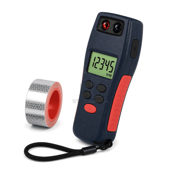 Tachometer right-side view showing enclosure depth, optical head, covered USB-C port and lanyard eyelet