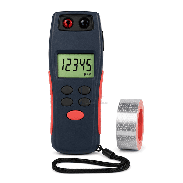 Tachometer front view showing RPM display, five-button keypad, red-orange side grips and reflective tape