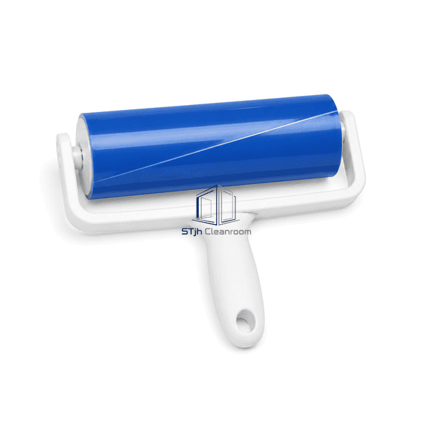 Blue tacky roller laid horizontally with the complete handle visible